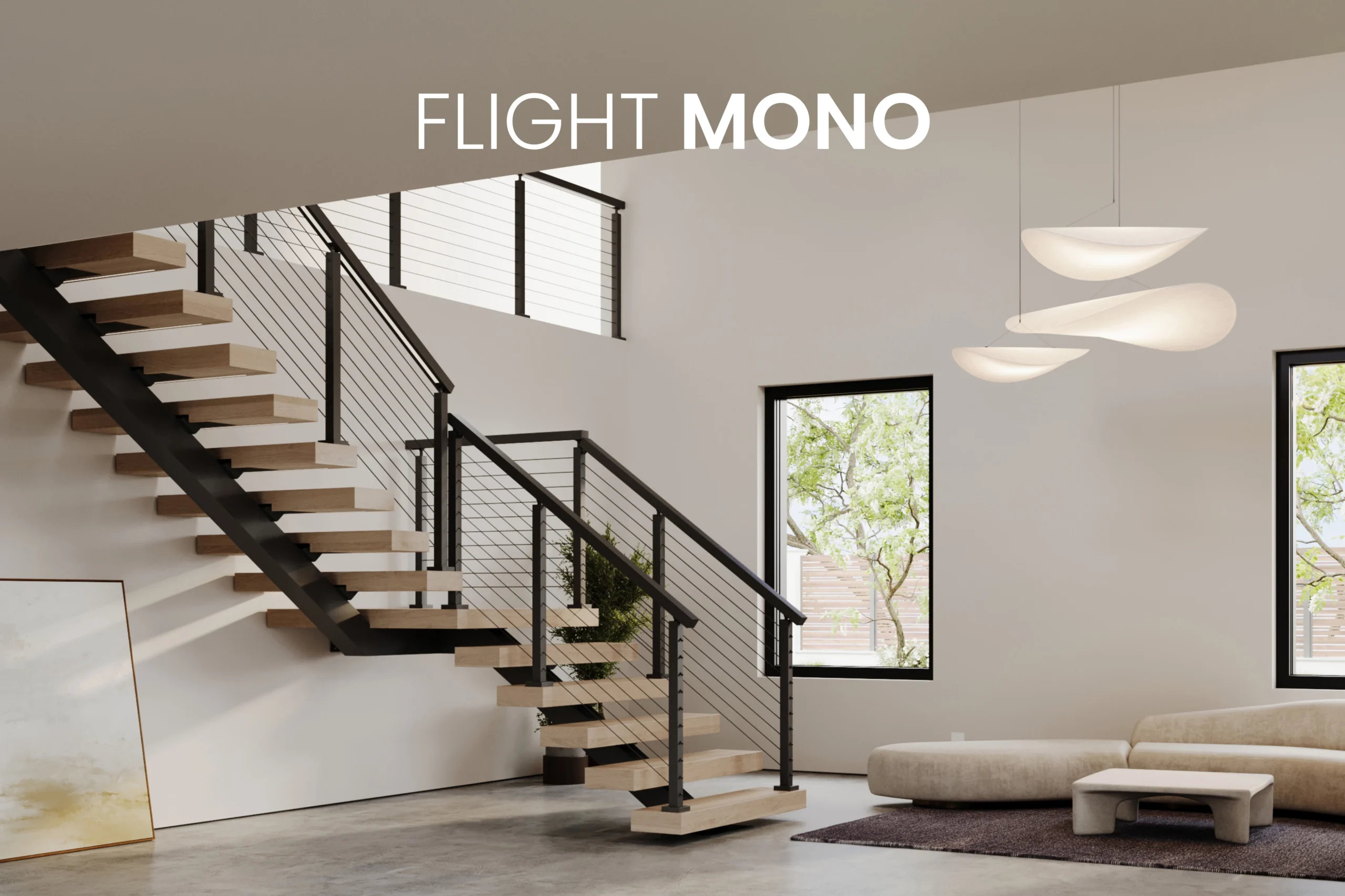 Text on image: FLIGHT MONO. Image: An L-shaped FLIGHT Mono staircase with cable railing in a bright, modern space.