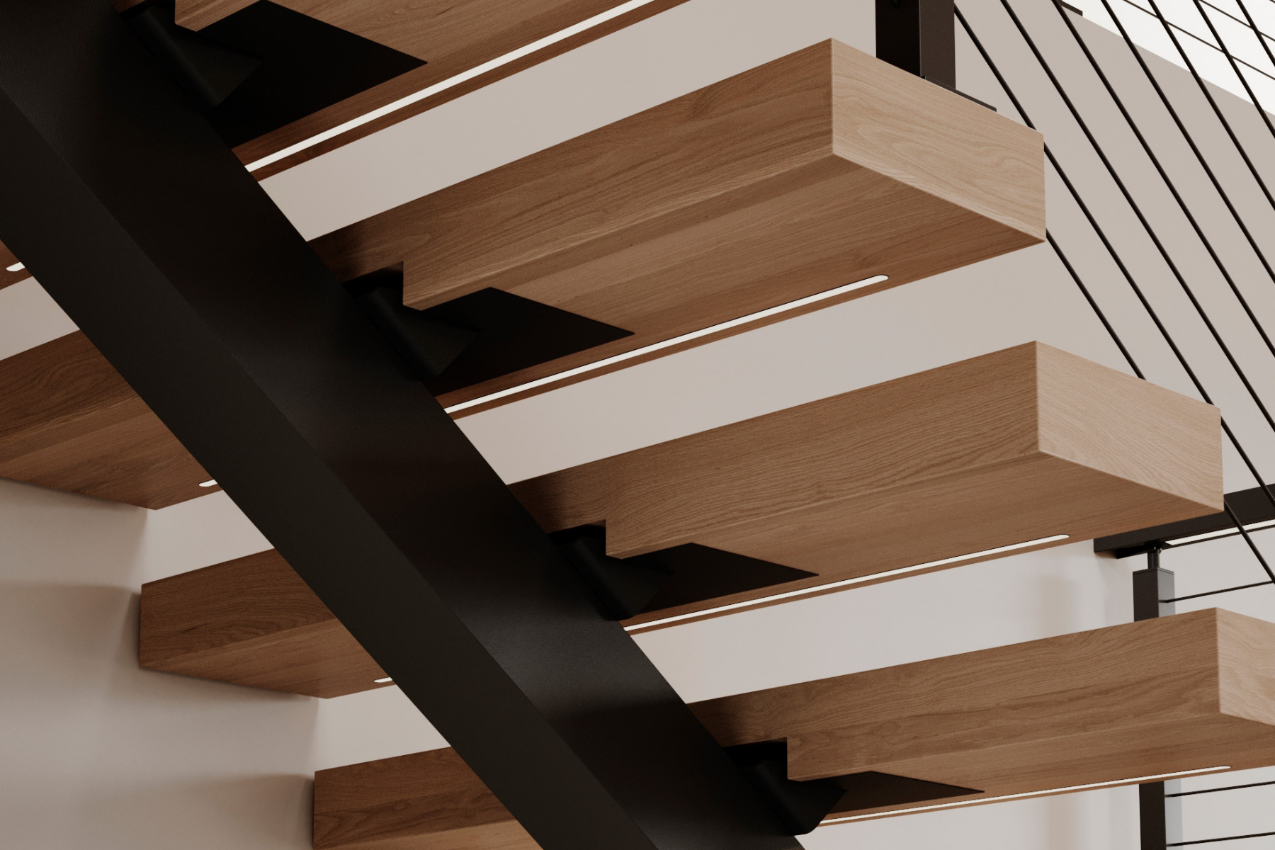 Close up FLIGHT Mono floating stairs with integrated LED lighting.