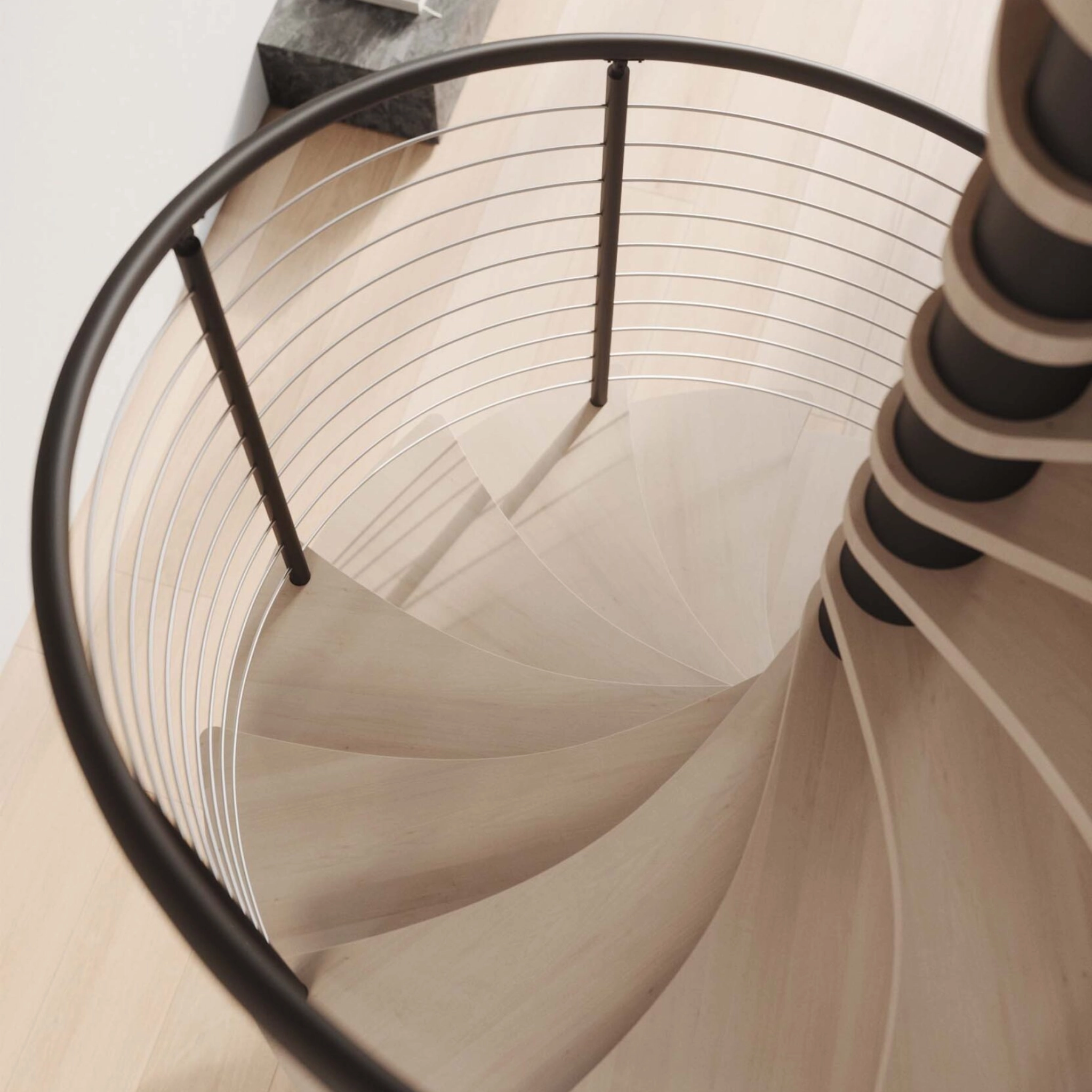 A top-down look at FLIGHT Spiral treads and railing.