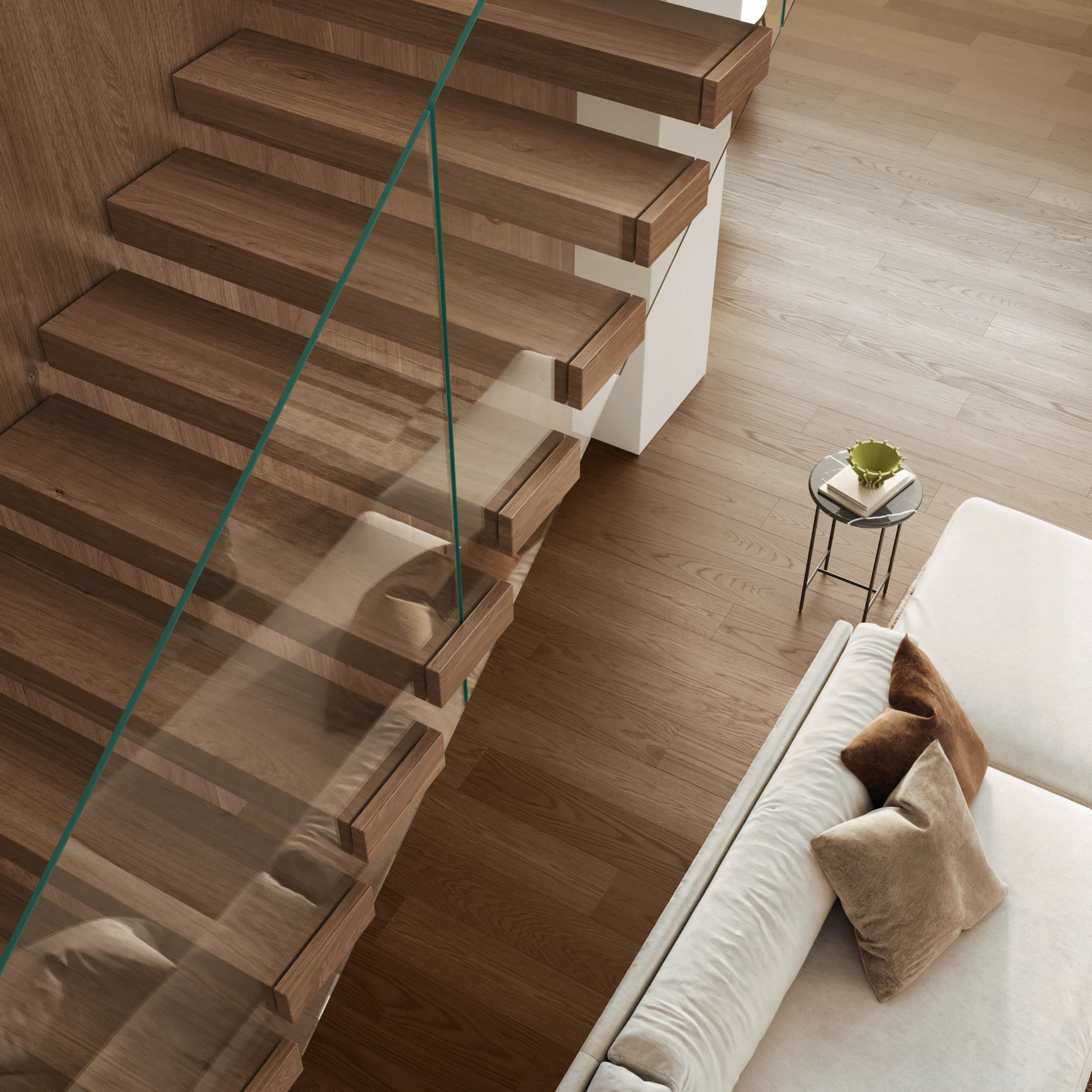 Ash Lama treads on a FLIGHT Cantilever system match the Ash Lama flooring.